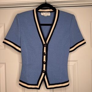 Vintage St. John Knit Cardigan Sweater Blue w/ White Navy Gold Trim